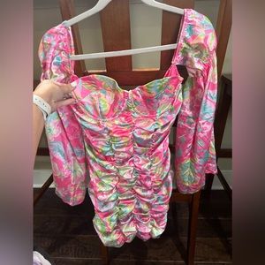 Multicolor ruched off the shoulder long sleeve mini dress